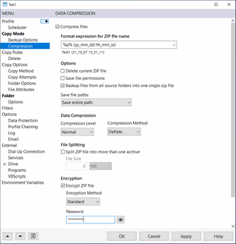 AllSync Profile Properties - Data Backup - ZIP Data Compression